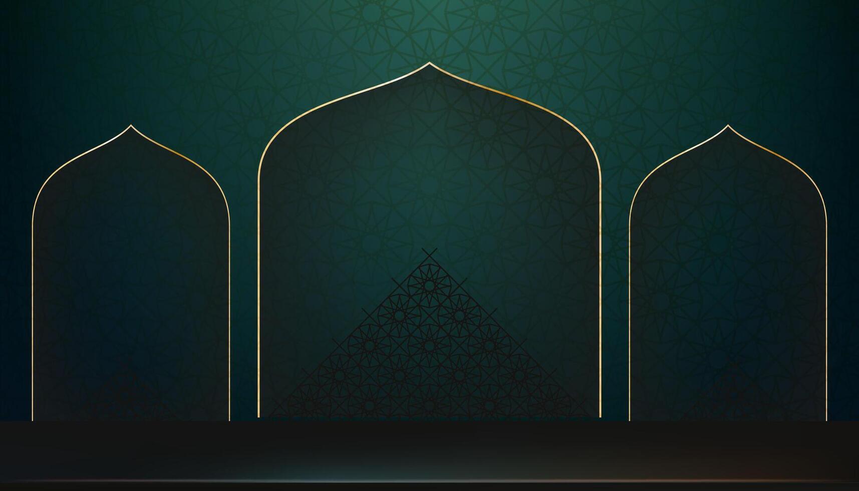 Eid Mubarak Background,Islamic design of arabic pattern with window gold frame decoration on green podium background, for Eid al fitr,Eid al Adha,Eid Mubarak,Muharram card vector