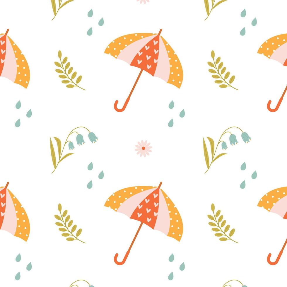 Cute pattern with a funny umbrella, raindrops and spring flowers on a white background vector