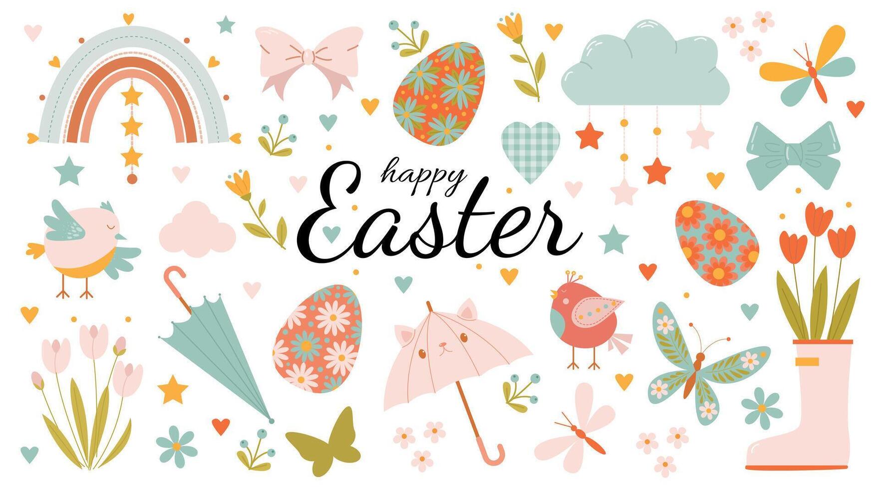 A large set of spring elements for Easter in delicate shades on a white background vector