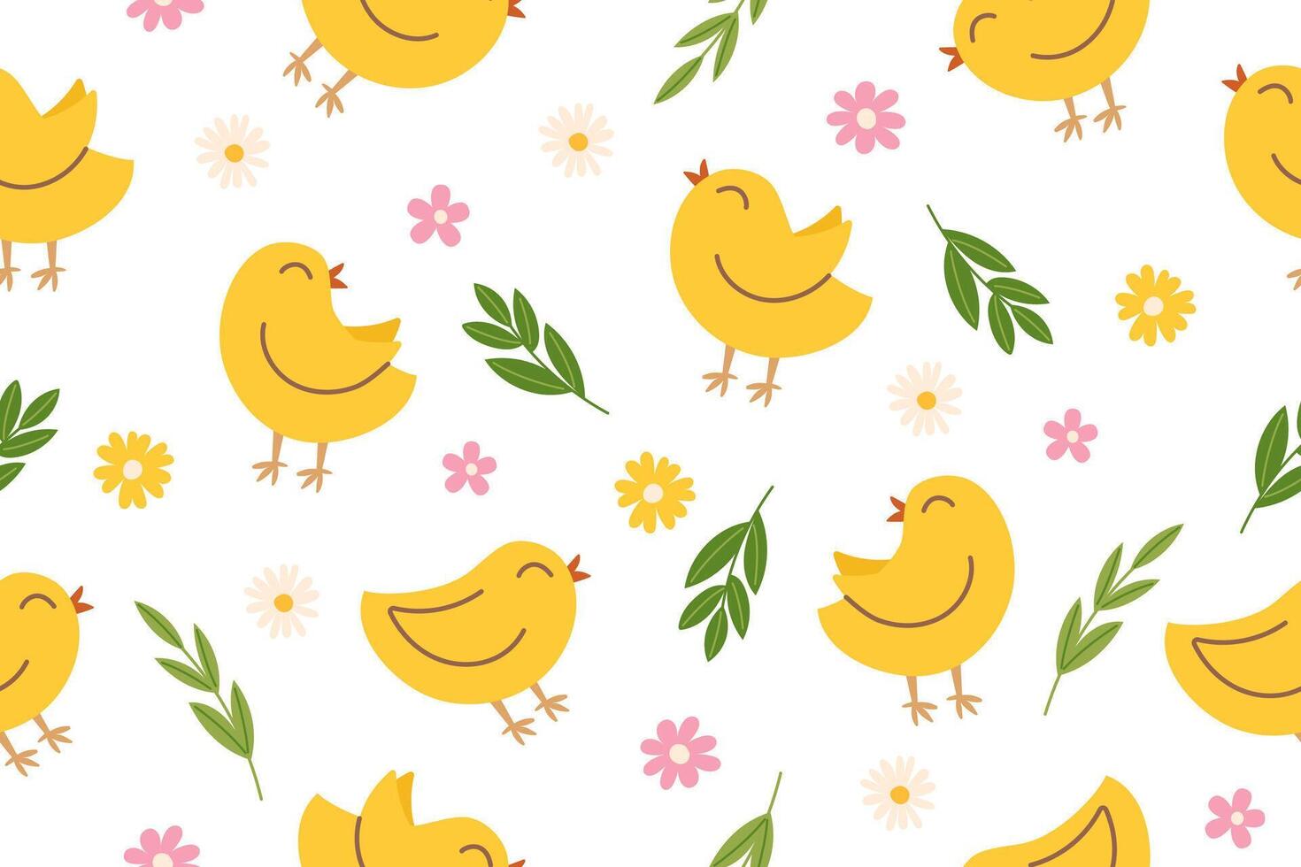 Easter seamless pattern of chickens with flowers and leaves on white background. Easter concept banner. vector