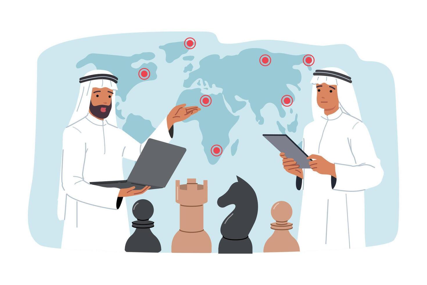 Arab business men with laptops stand near world map and chess pieces planning supply chains vector