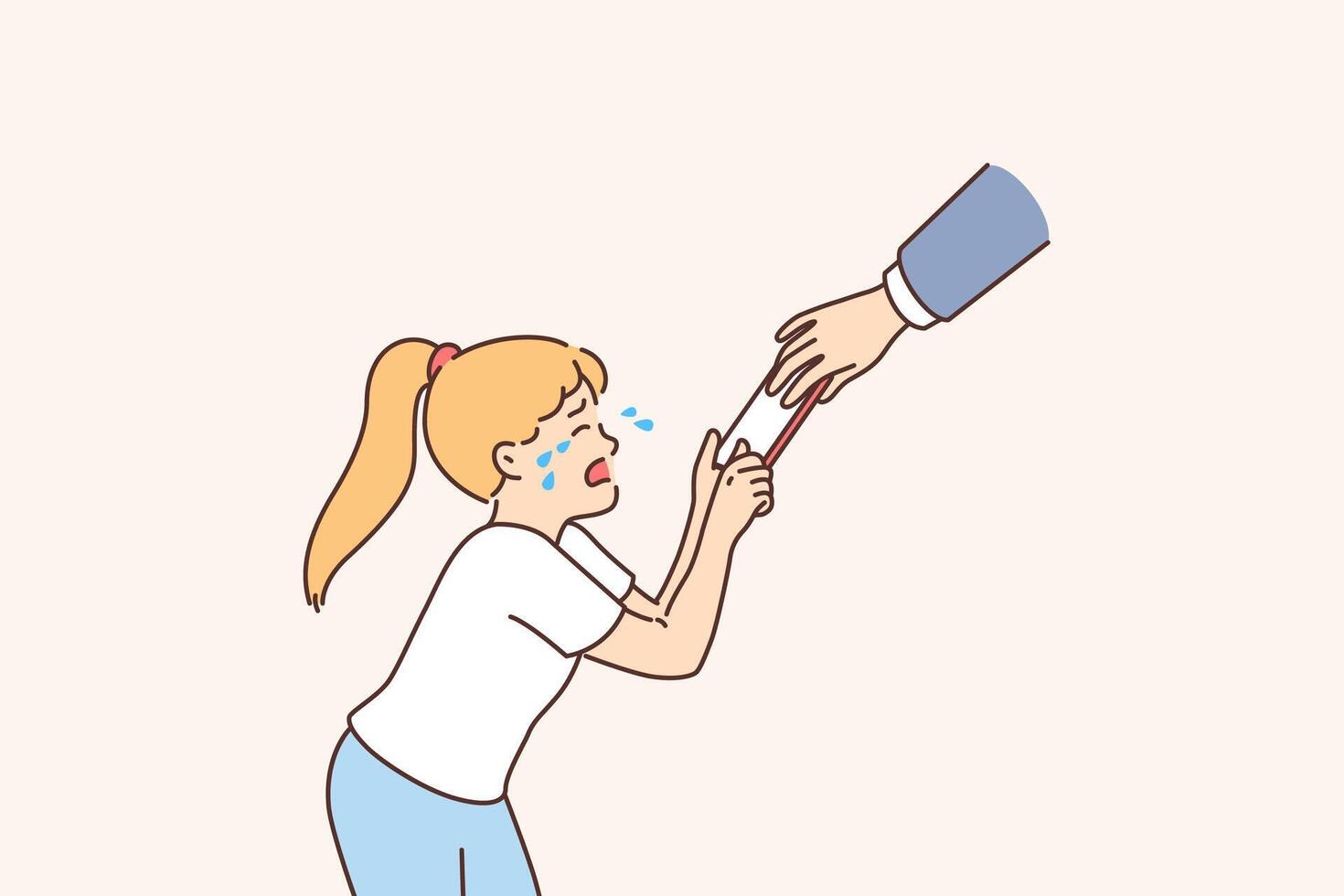 Girl with digital addiction is crying because father taking away phone with social networking apps vector