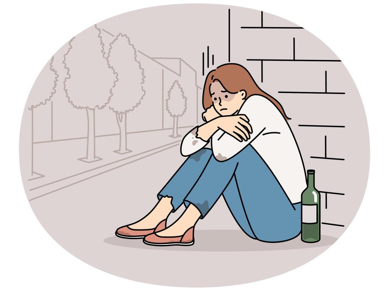 Female addict sit on ground with wine bottle vector