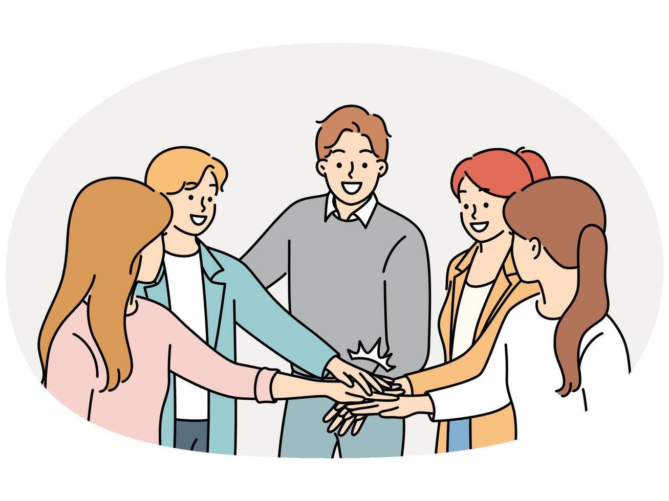 Happy colleagues stack hands involved in teambuilding vector