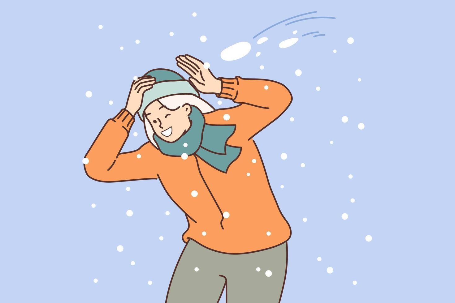Happy woman plays snowball and dodges snow flying at head, rejoicing in arrival of winter days vector
