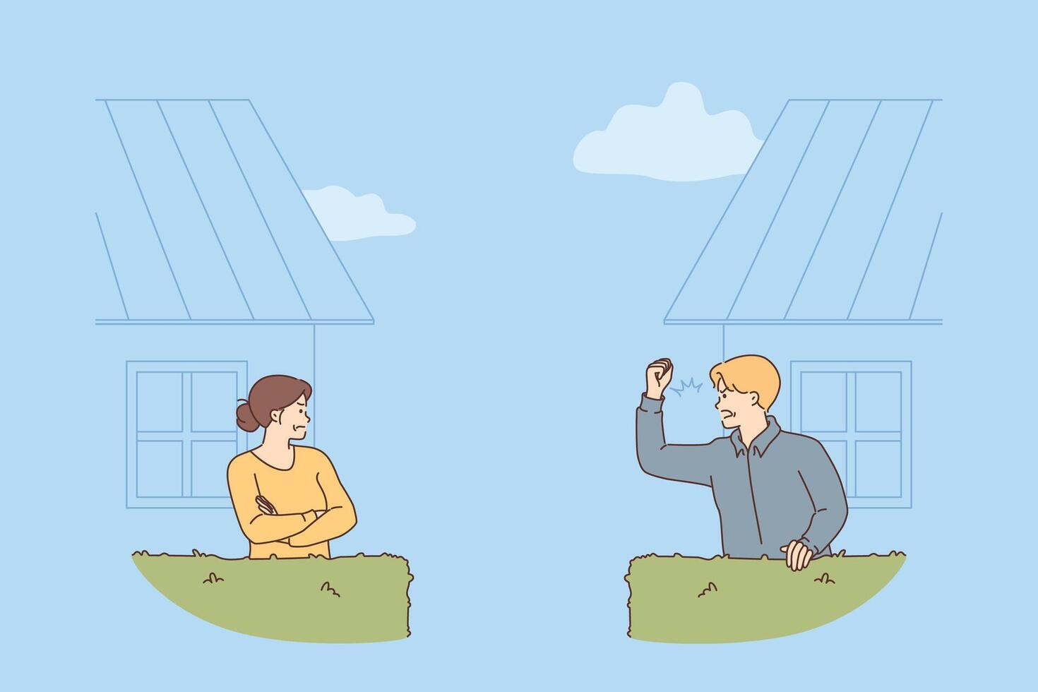 Conflict two neighbors, between screaming man and offended woman standing in backyard of own houses vector