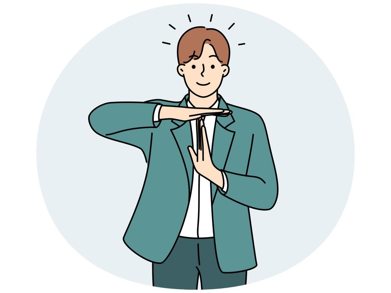 Smiling man show stop hand gesture vector