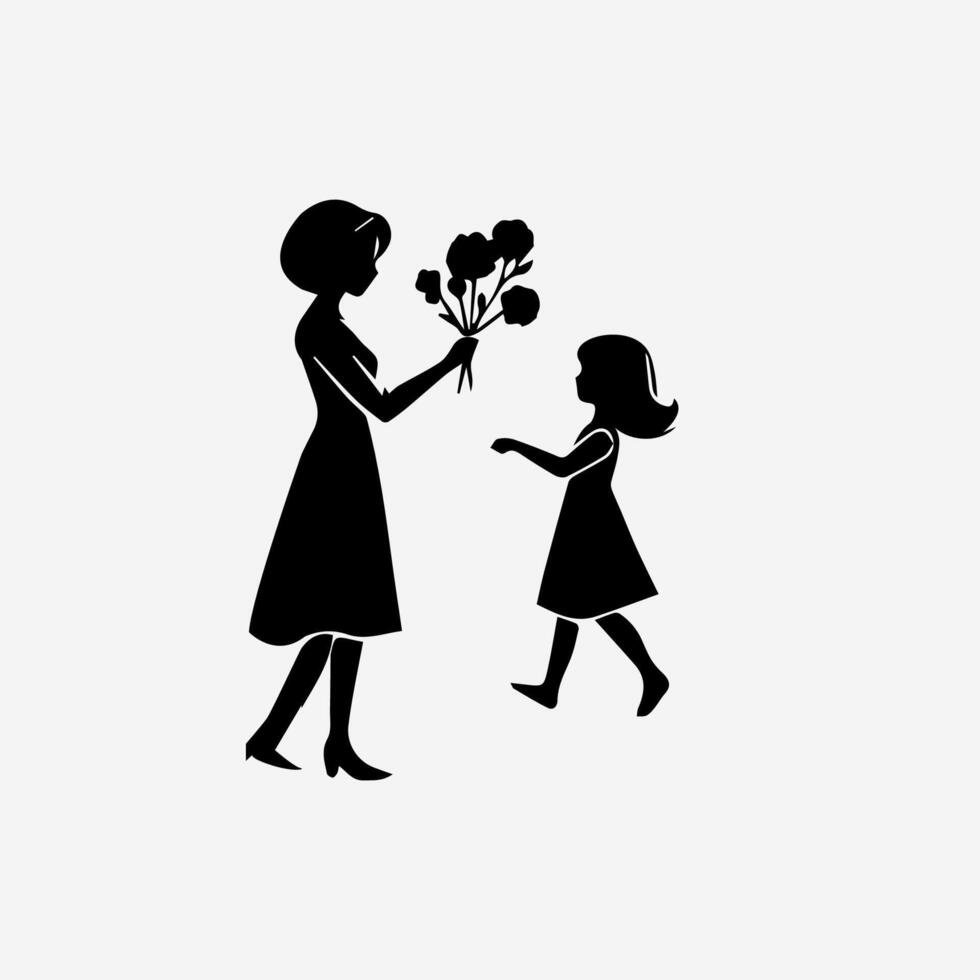 Silhouette of a mother and daughter giving flowers vector