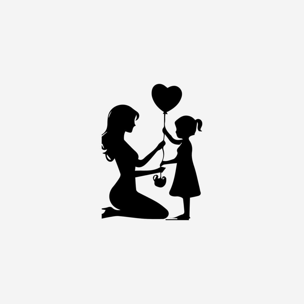 A silhouette of a mother and daughter holding a heart shaped balloon vector