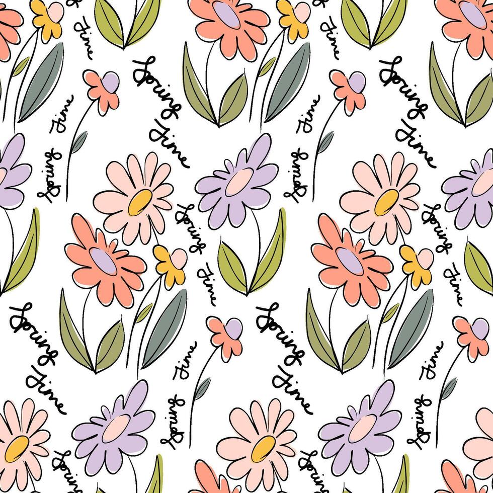 Seamless Floral Spring Pattern with Hand-Drawn Daisies, Green Leaves, and Elegant Spring Time Script Pastel Flower Illustration for Fabric, Stationery, Wrapping Paper, and Digital Prints vector