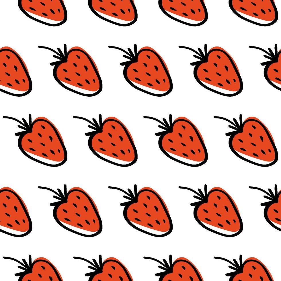 Seamless Hand-Drawn Strawberry Pattern Cute Red Fruit Illustration with Black Outline on White Background for Fabric, Wallpaper, Wrapping Paper, Textile, Digital Art, and Summer-Themed Designs vector