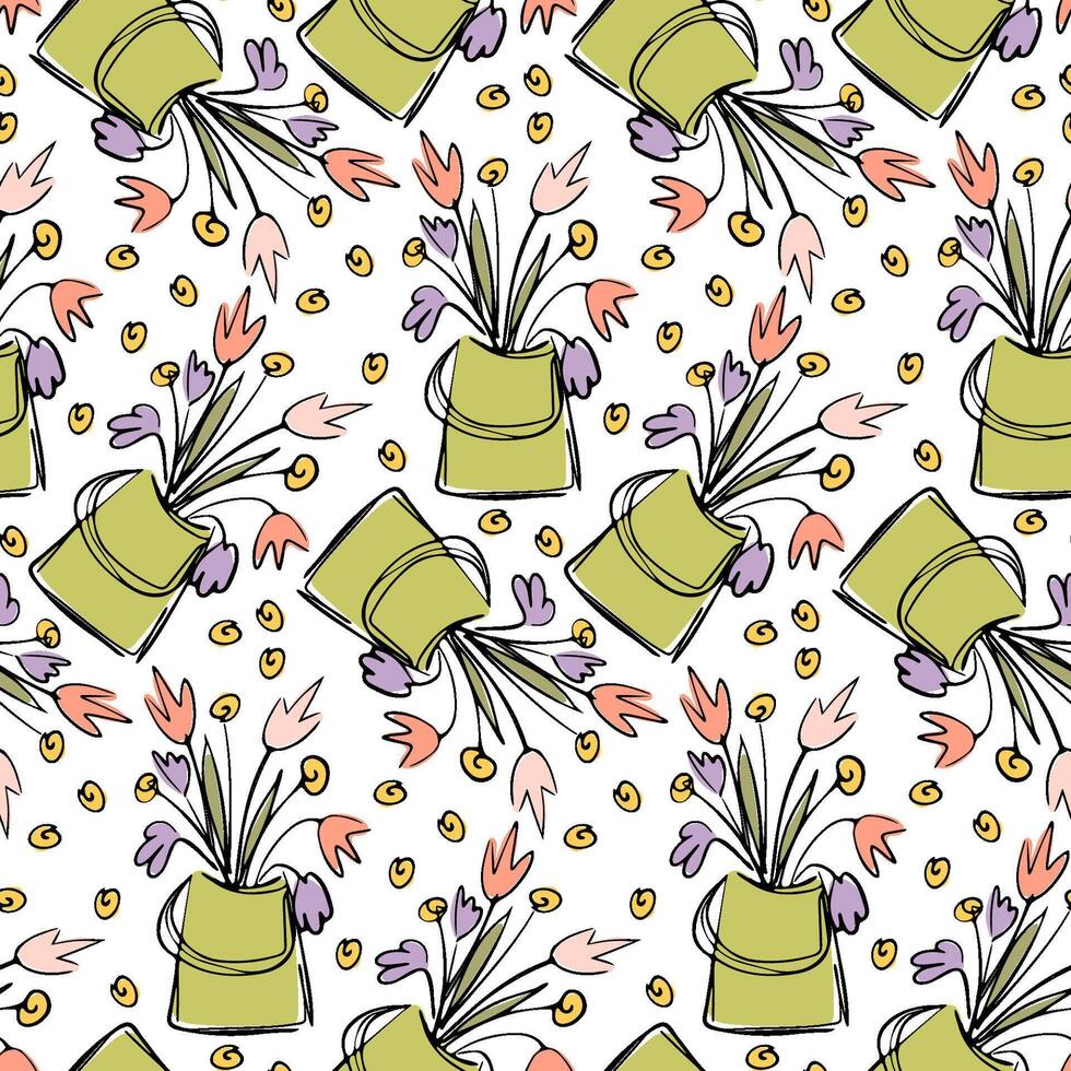 Seamless Spring Floral Pattern with Green Bags and Colorful Flowers Hand-Drawn Nature-Inspired Botanical Design for Fabric, Wrapping, and Decorative Prints vector