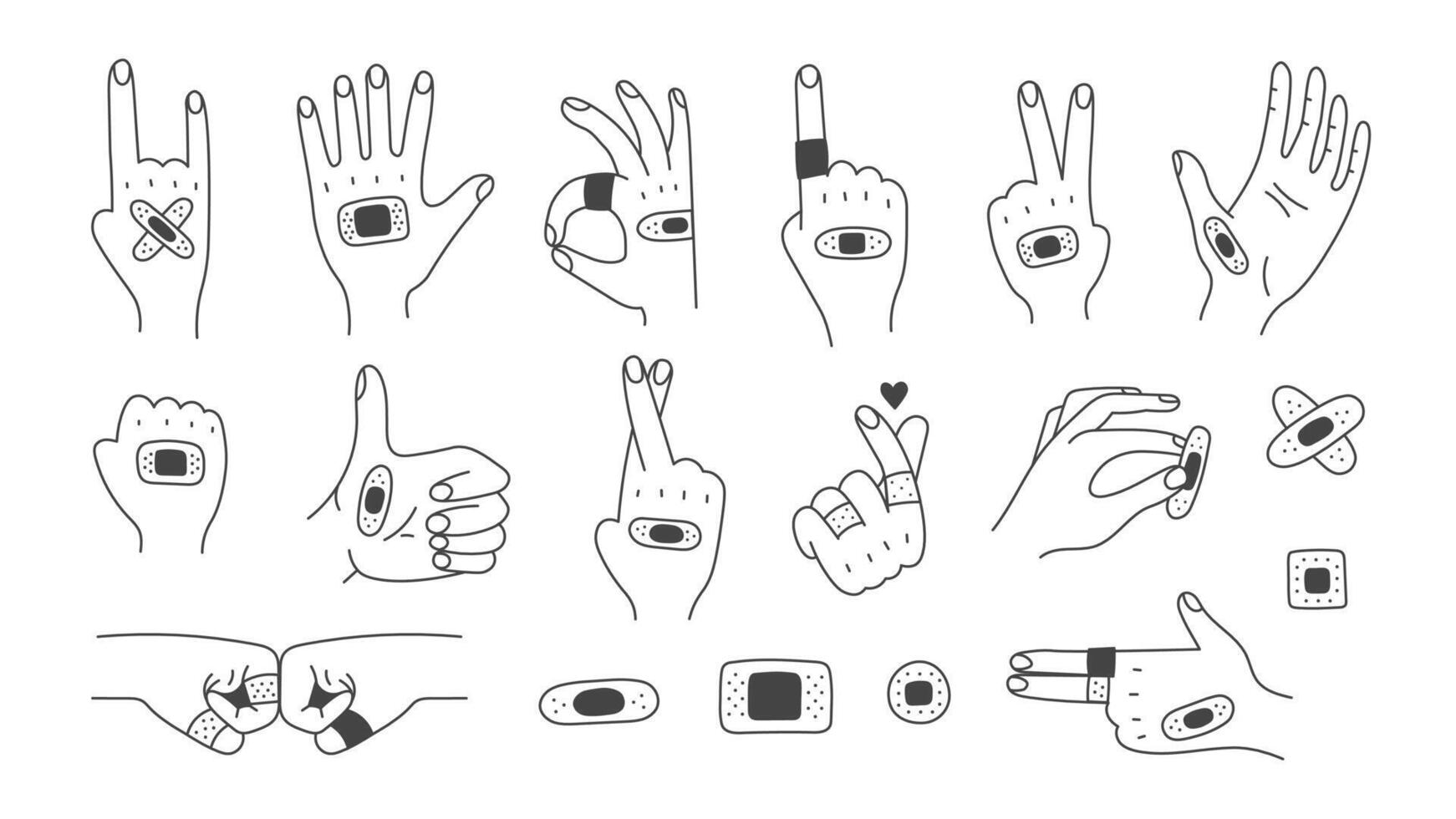 Hand Gestures Set with Adhesive Bandage vector