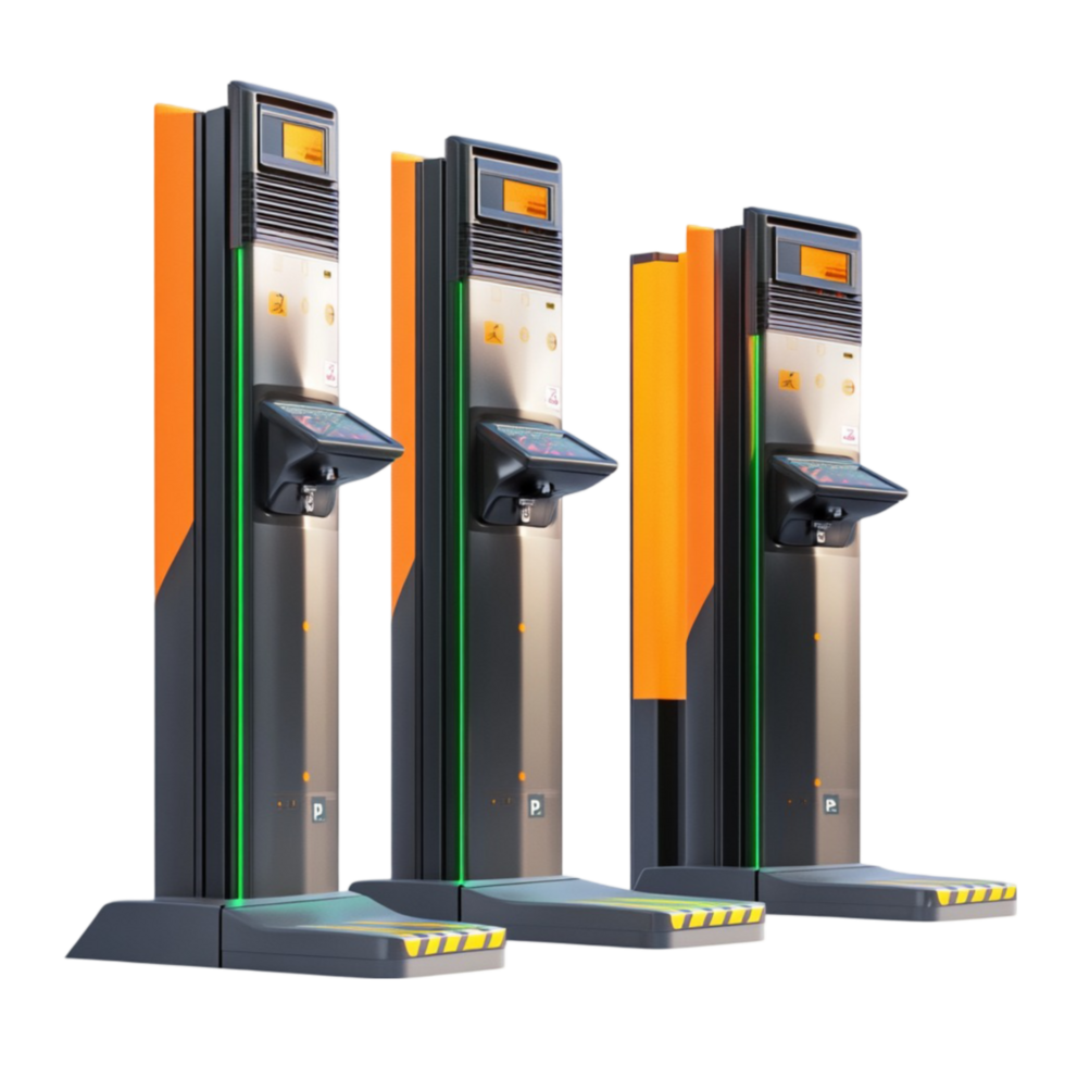 Automated Parking Meters with Orange and Black Stripes png