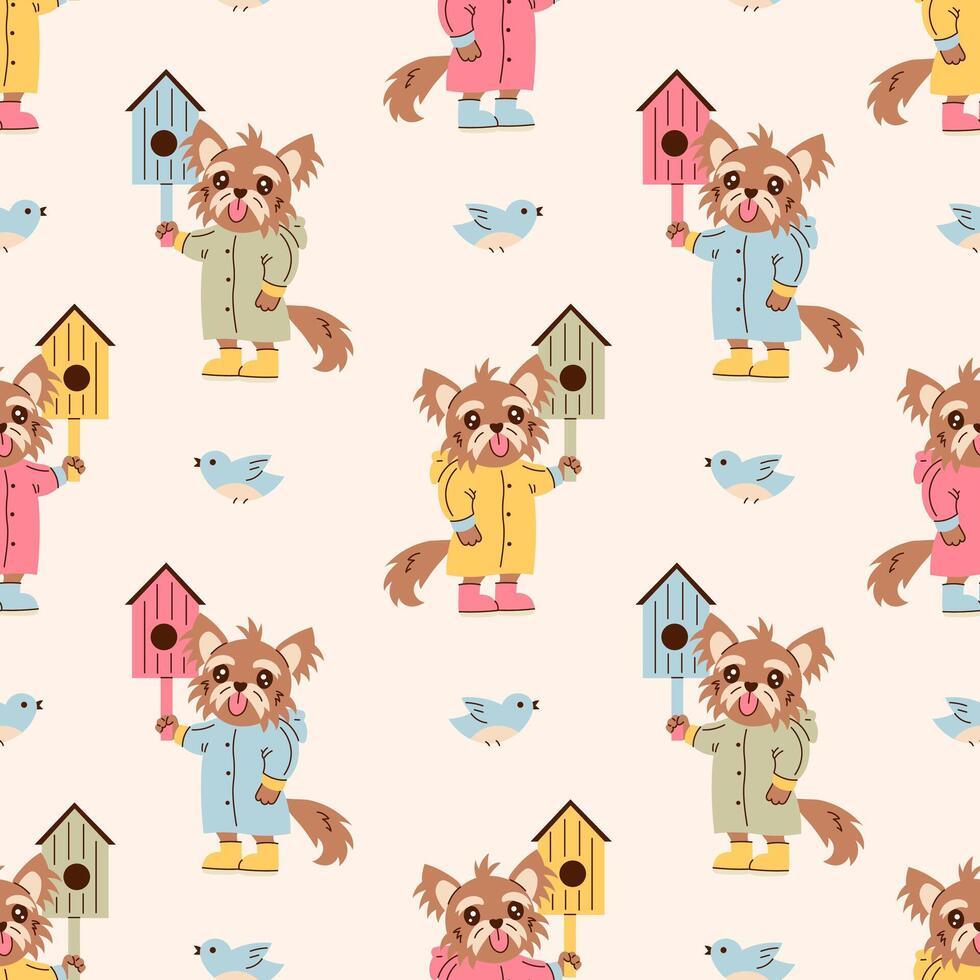 Spring Dog with Birdhouse Seamless Pattern vector