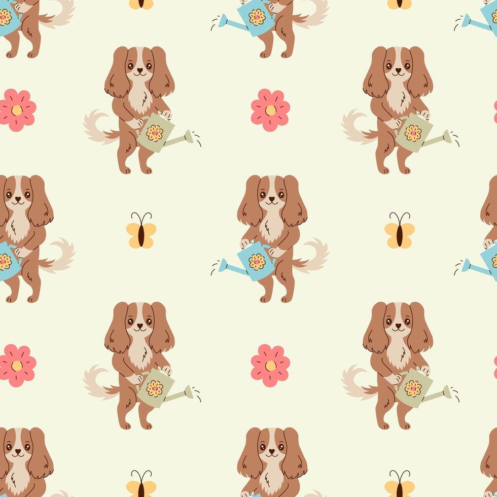 Dog Watering Can Spring Seamless Pattern vector