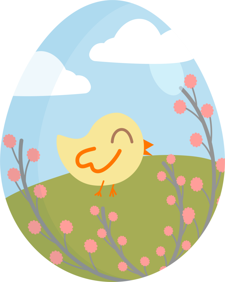 easter egg with flowers and chicken and leaves on transparent background png