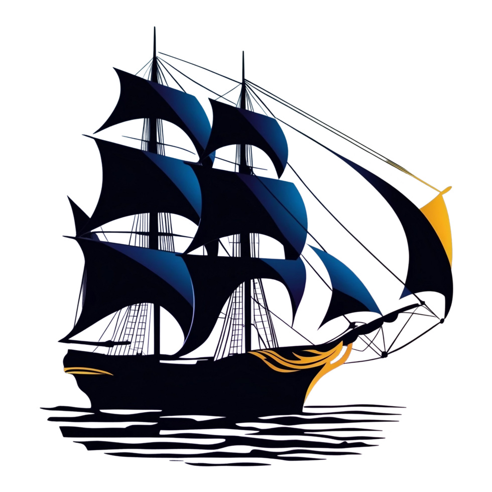 A dramatic silhouette of a majestic sailing ship with three masts and billowing sails png