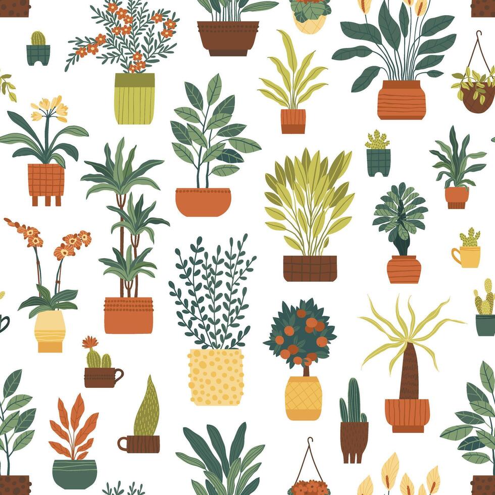 Seamless pattern of indoor plants in different pots vector