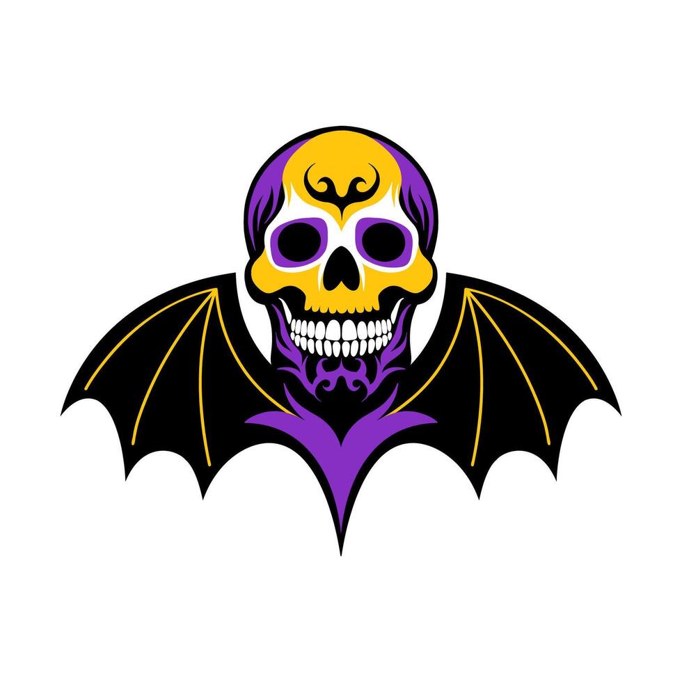 Multicoloured cheerful smiling skull with bat wings on white background. vector