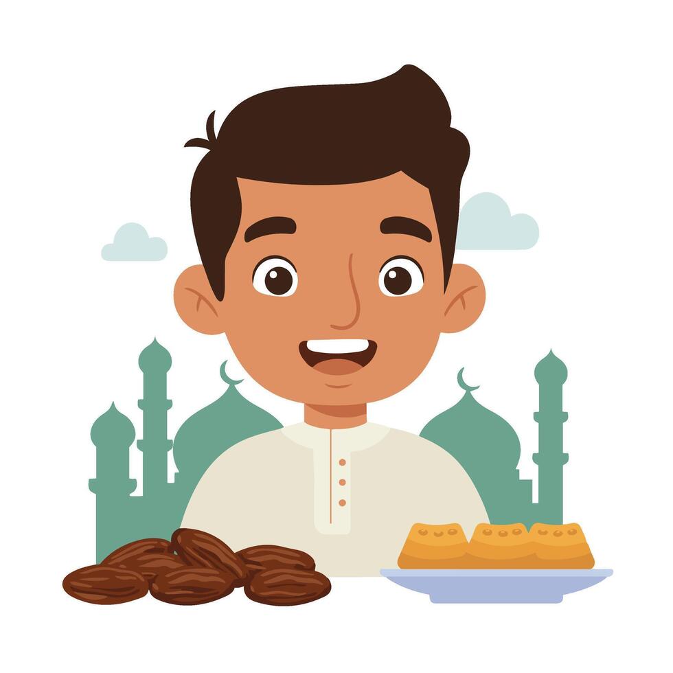 Middle Eastern Man Enjoying Ramadan Food Celebration with Dates vector