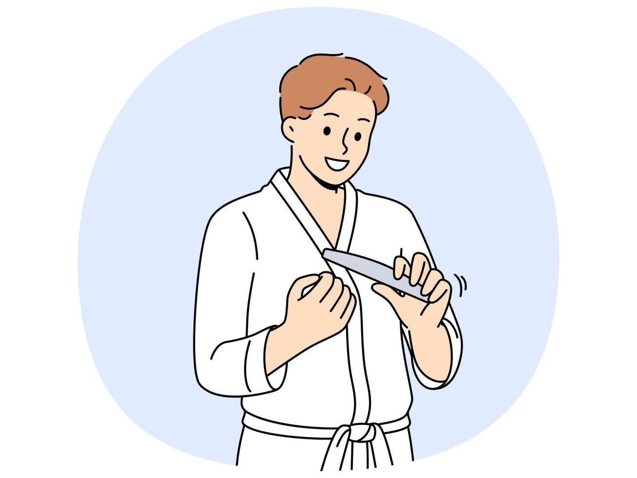 Man uses nail file after shower, performing daily hygiene and SPA procedures to take care of skin vector