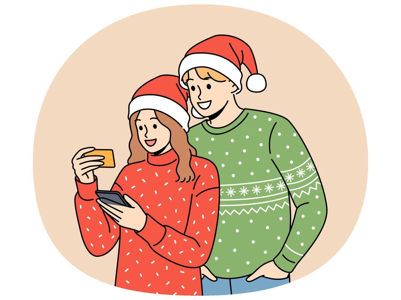 Couple in christmas clothes makes purchases on phone mobile app and uses credit card to pay vector