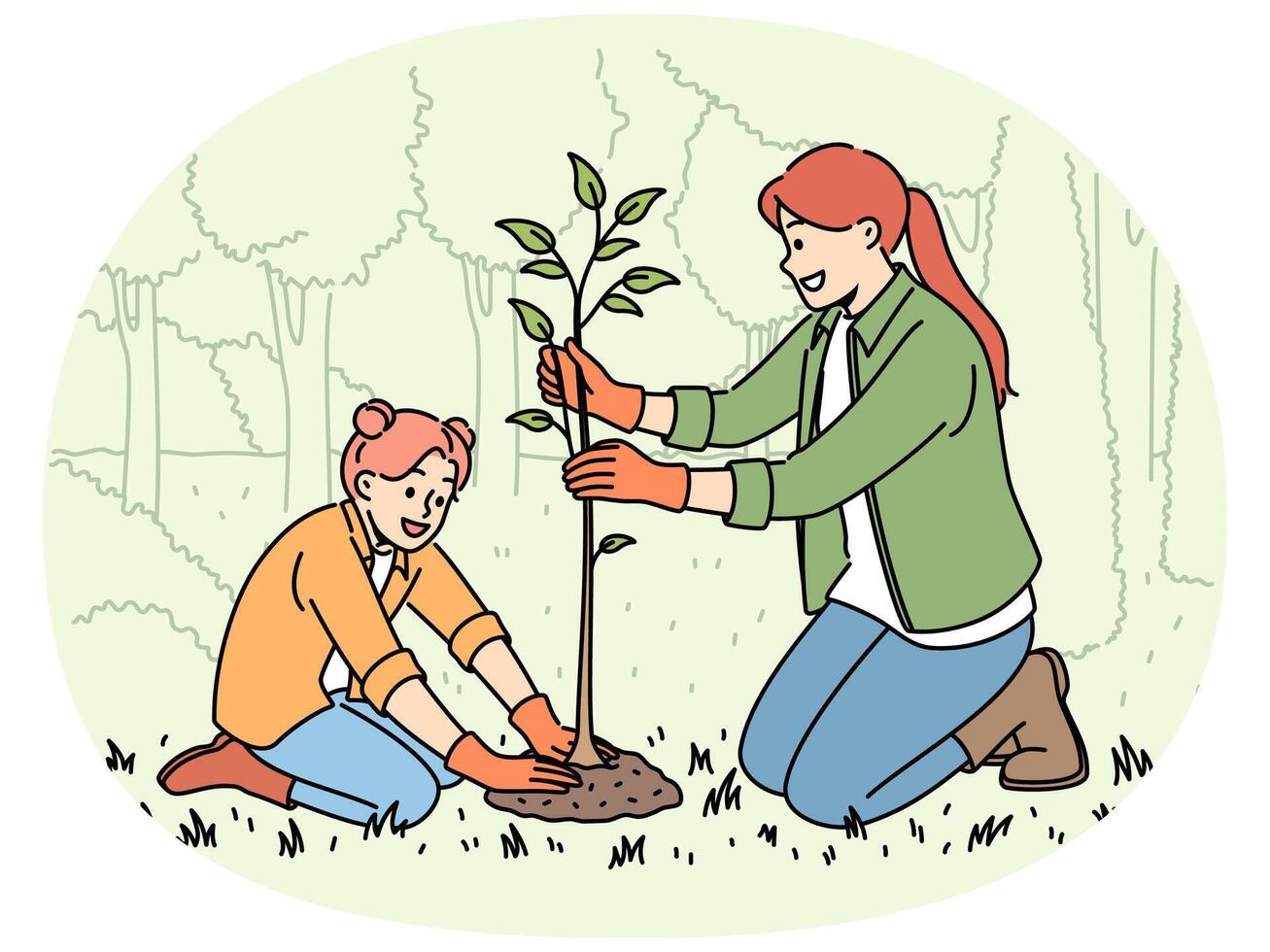 Little girl and mother plant tree in park, helping restore nature that has suffered from forest fire vector