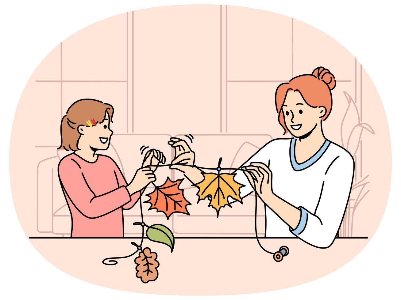 Mom and daughter make garland from tree foliage in autumn to decorate interior of house vector