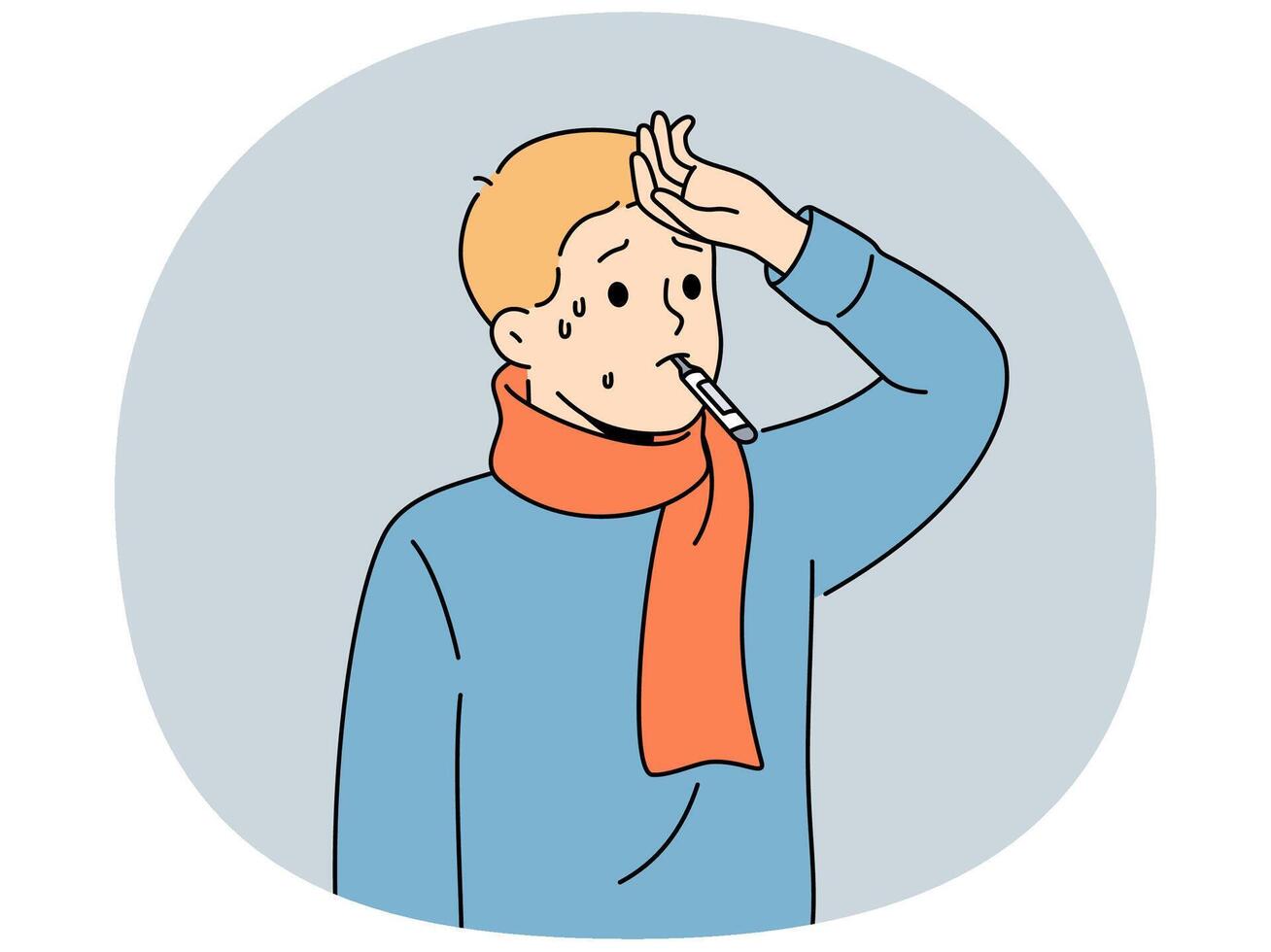 Sick flu boy with thermometer in mouth touching forehead with fever and in need antibiotics vector