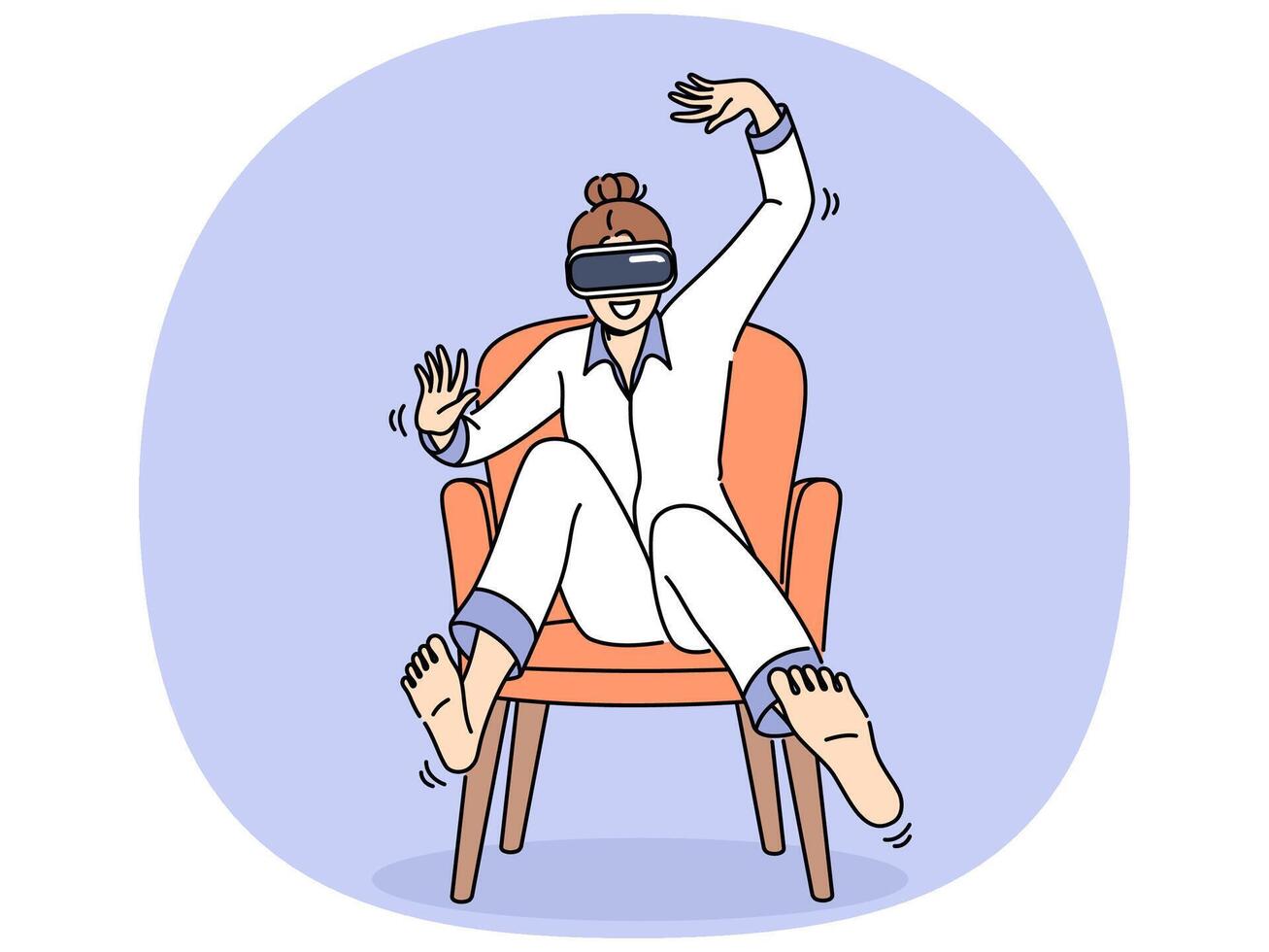 Woman wearing VR headset sits in chair and waves arms and legs, being immersed in virtual reality vector