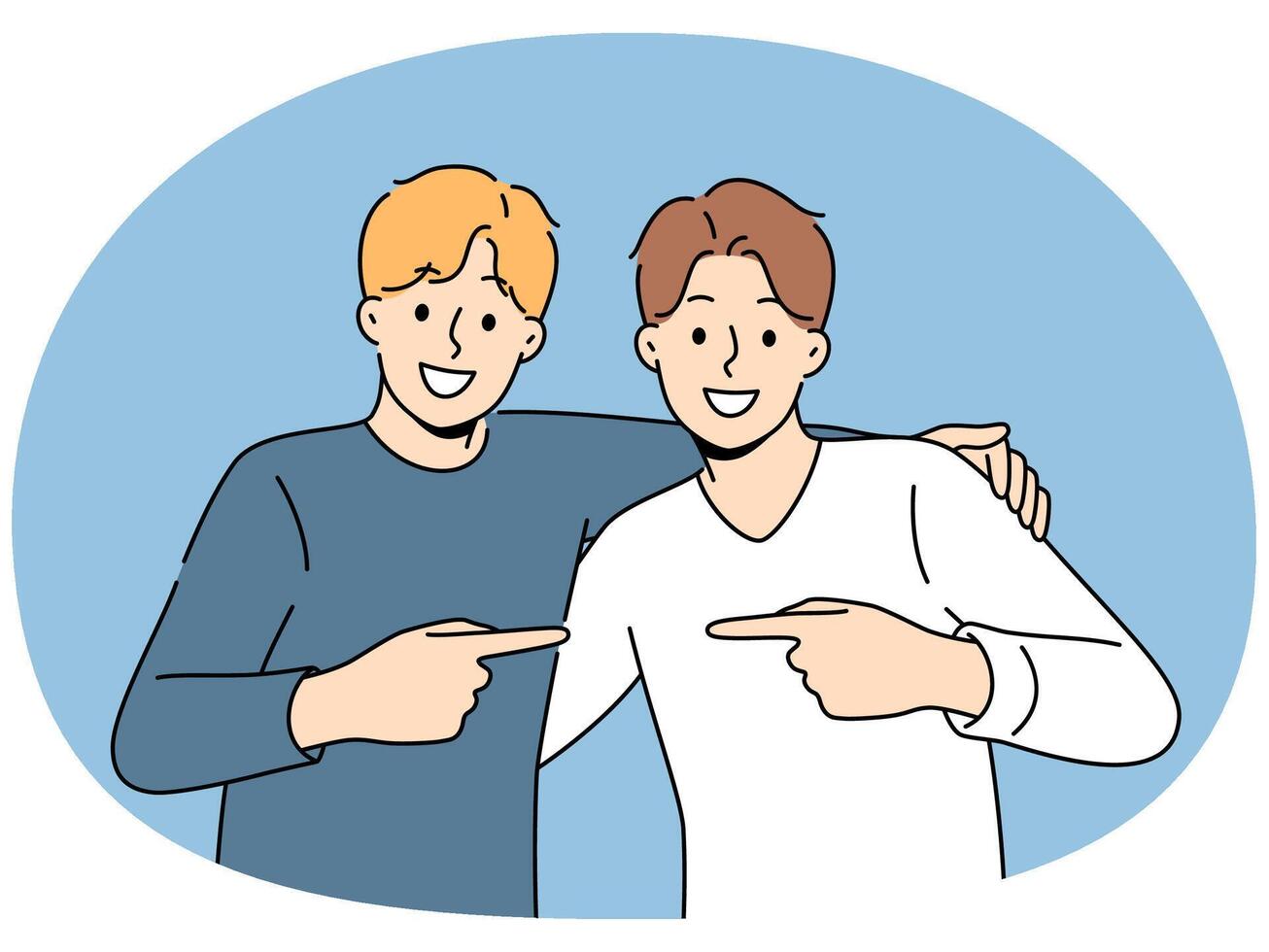 Two men friends hug and point finger towards buddy, rejoicing at long-awaited meeting vector