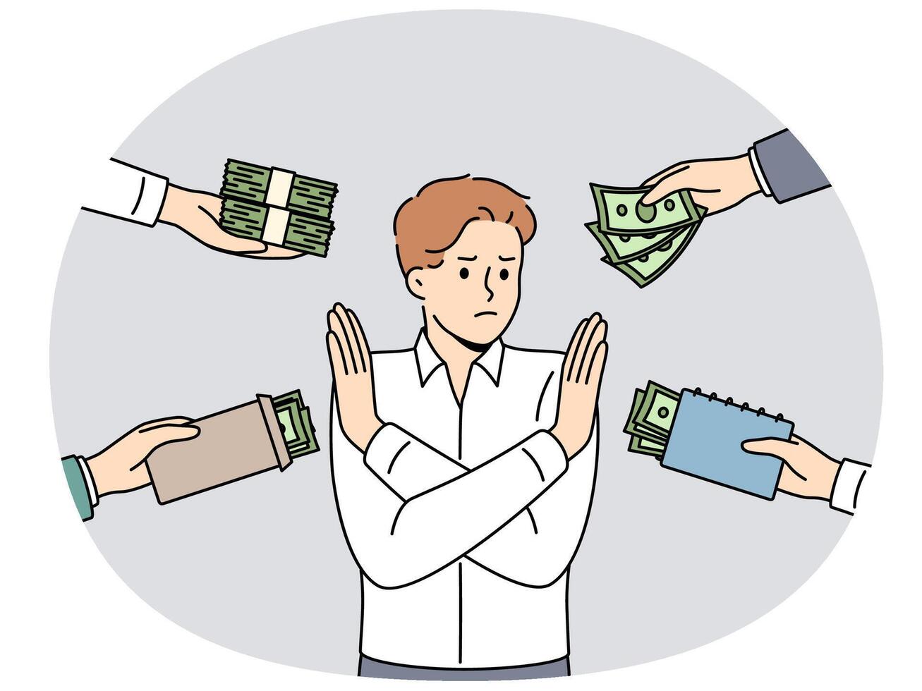 Man refuses monetary bribes by crossing arms and not wanting to participate in illegal transactions vector