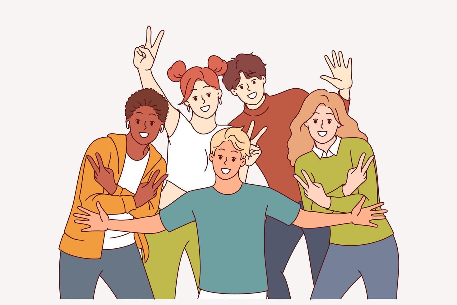 Group of multiracial students pose for group photo showing positive emotions and V gestures vector