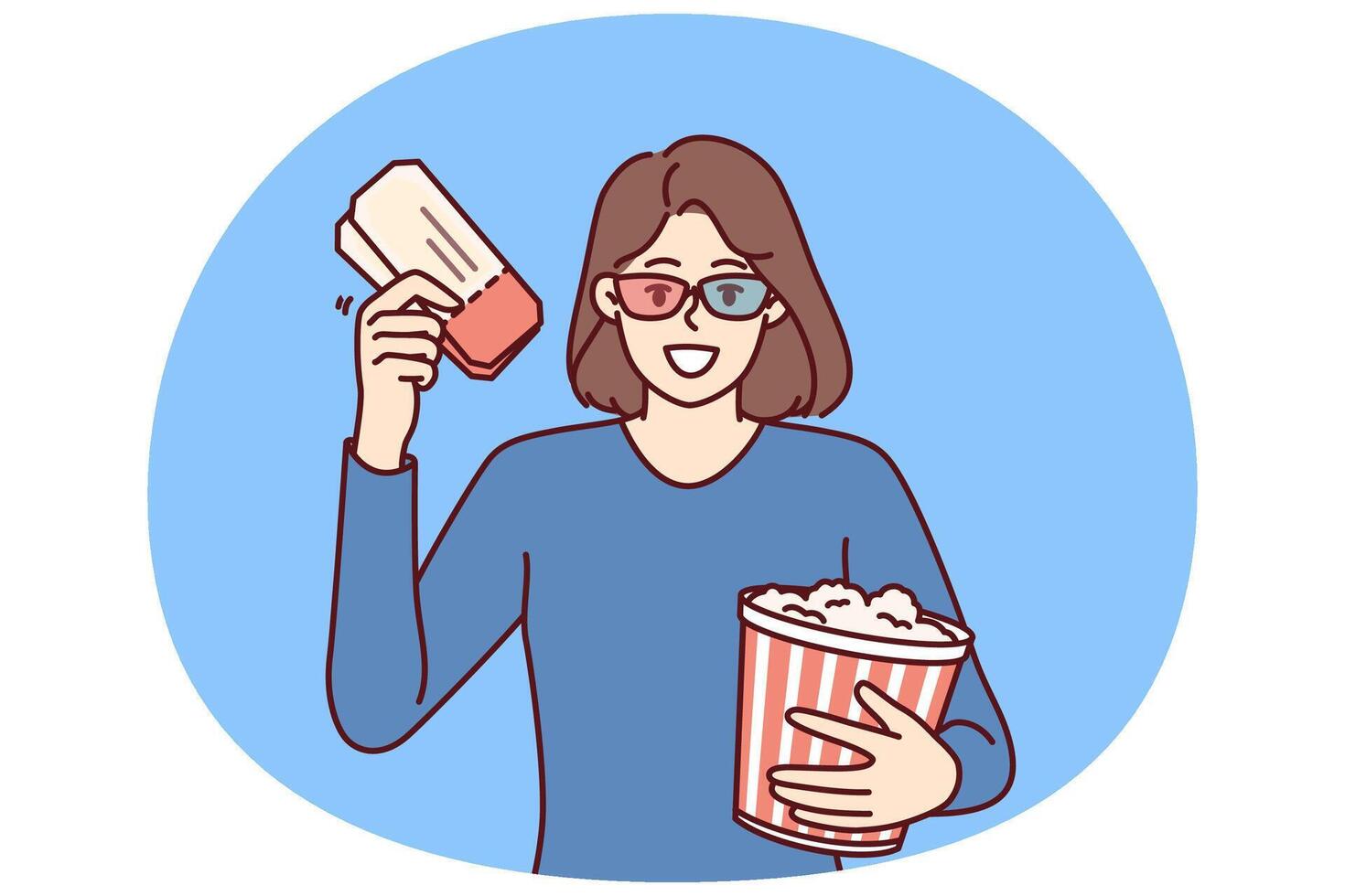 Woman with popcorn and tickets for cinema invites to visit interesting new blockbuster vector
