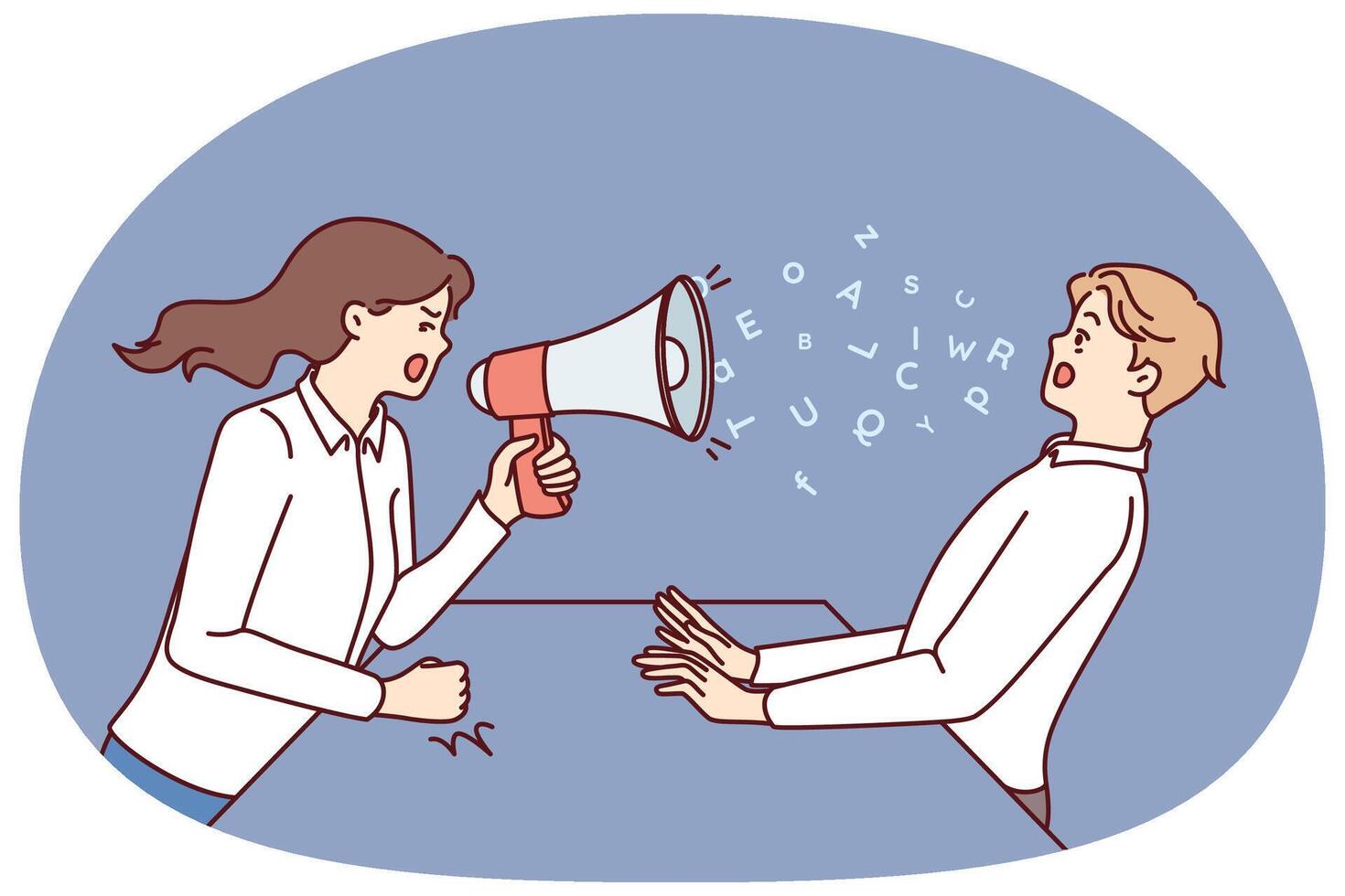 Woman boss yells at subordinate through megaphone and gets angry because of refusal to follow order vector