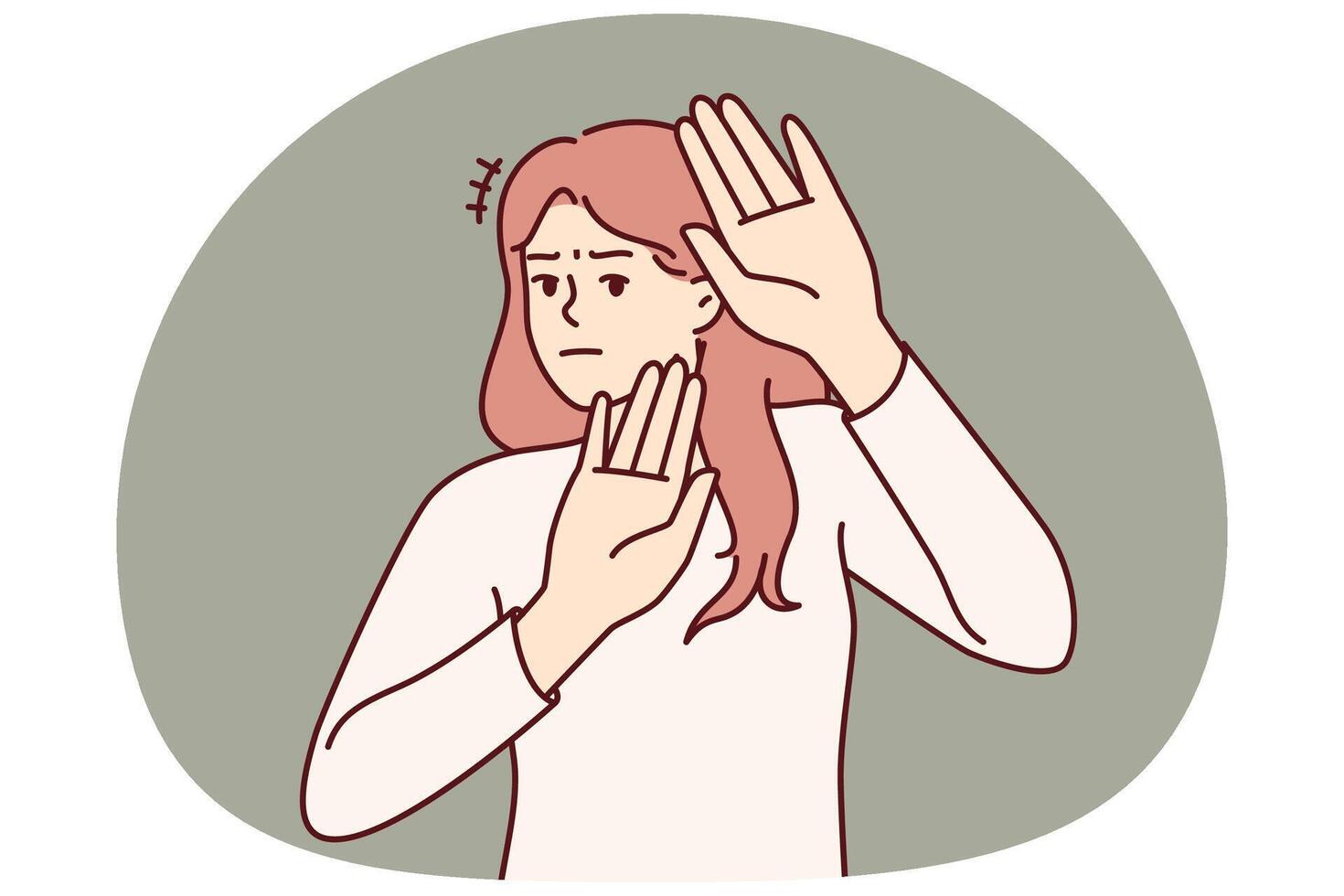 Brave woman makes gesture of refusal, calls not to approach or stop discriminatory actions vector