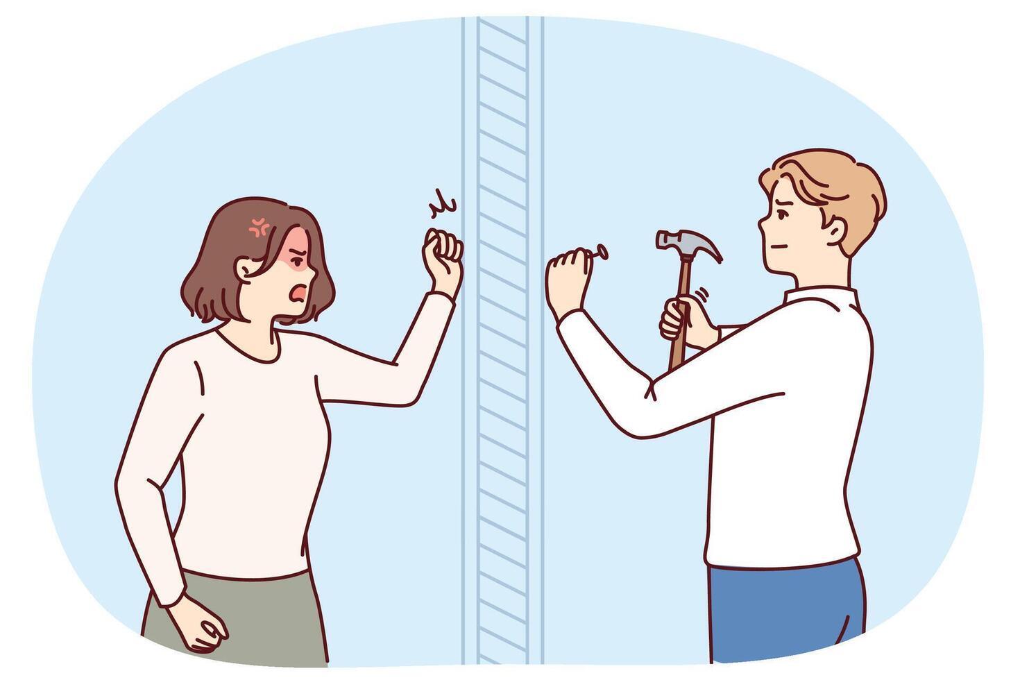 Angry woman knocks on wall swearing at neighbor is doing repairs in apartment and using hammer vector
