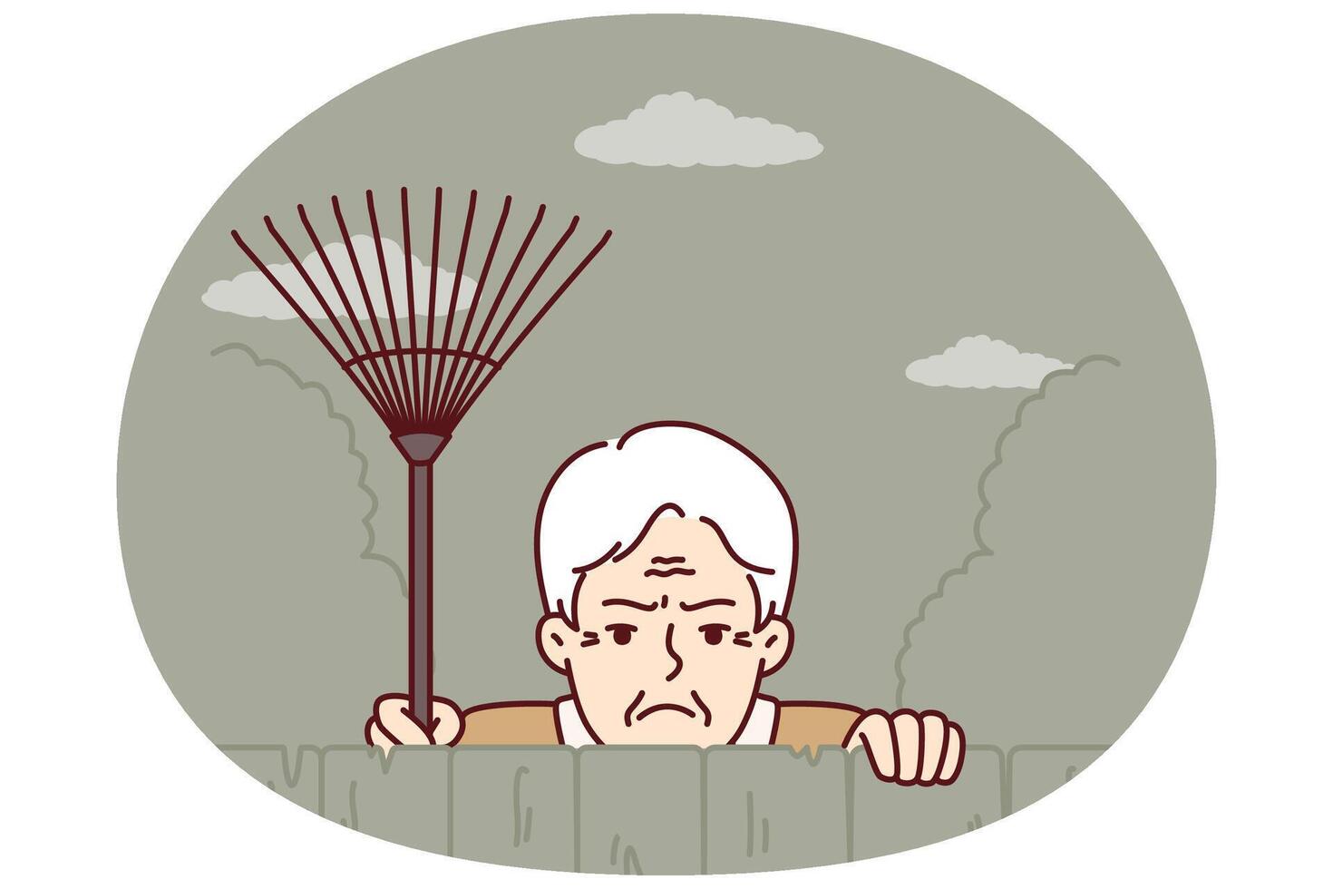Elderly envious man neighbor peeps from behind fence spying on residents of private house vector