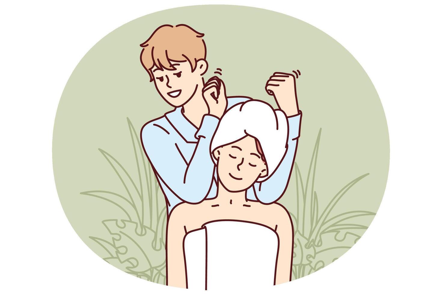 Woman visits massage therapist in SPA salon and sits in towel enjoying relaxing treatments vector