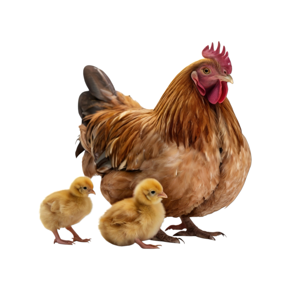 An adult chicken is resting with its chicks png