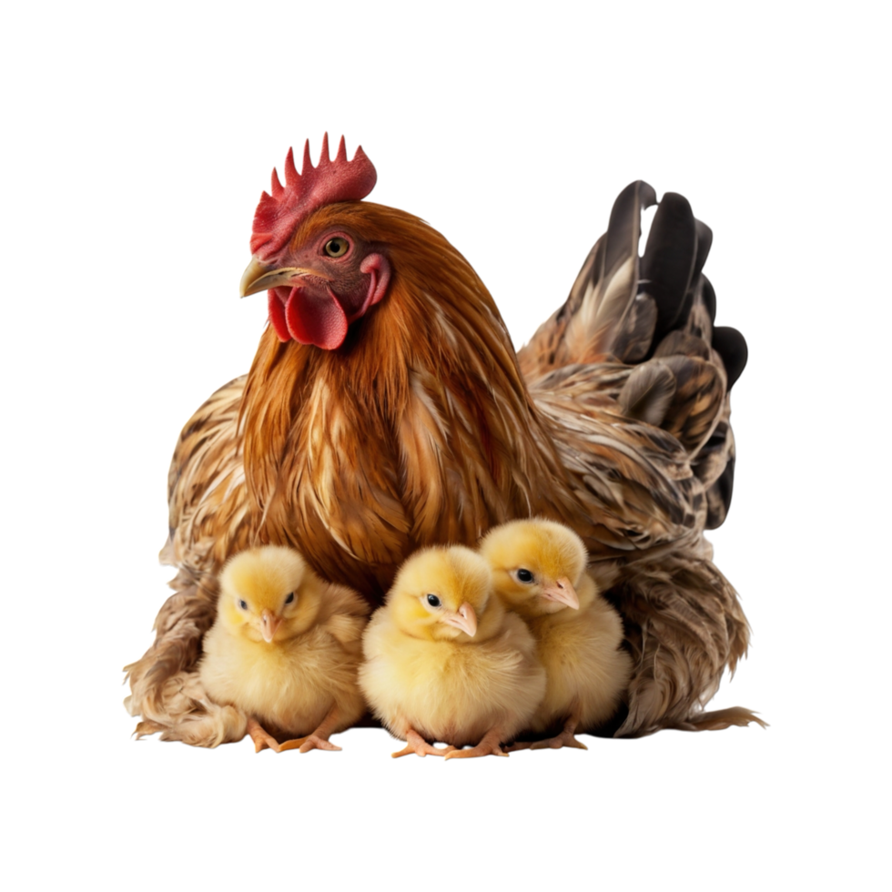 A realistic depiction of a hen with detailed feathers standing next to a downy chick png