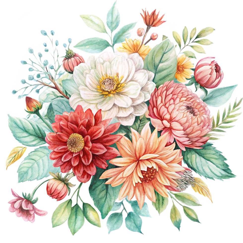 Watercolor Painting of a Beautiful Autumnal Flower Bouquet Featuring Dahlias and Other Blooms png