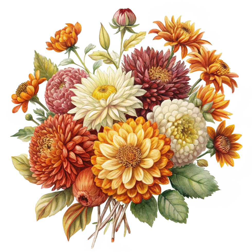Autumnal Bouquet of Dahlias Chrysanthemums and other Flowers png