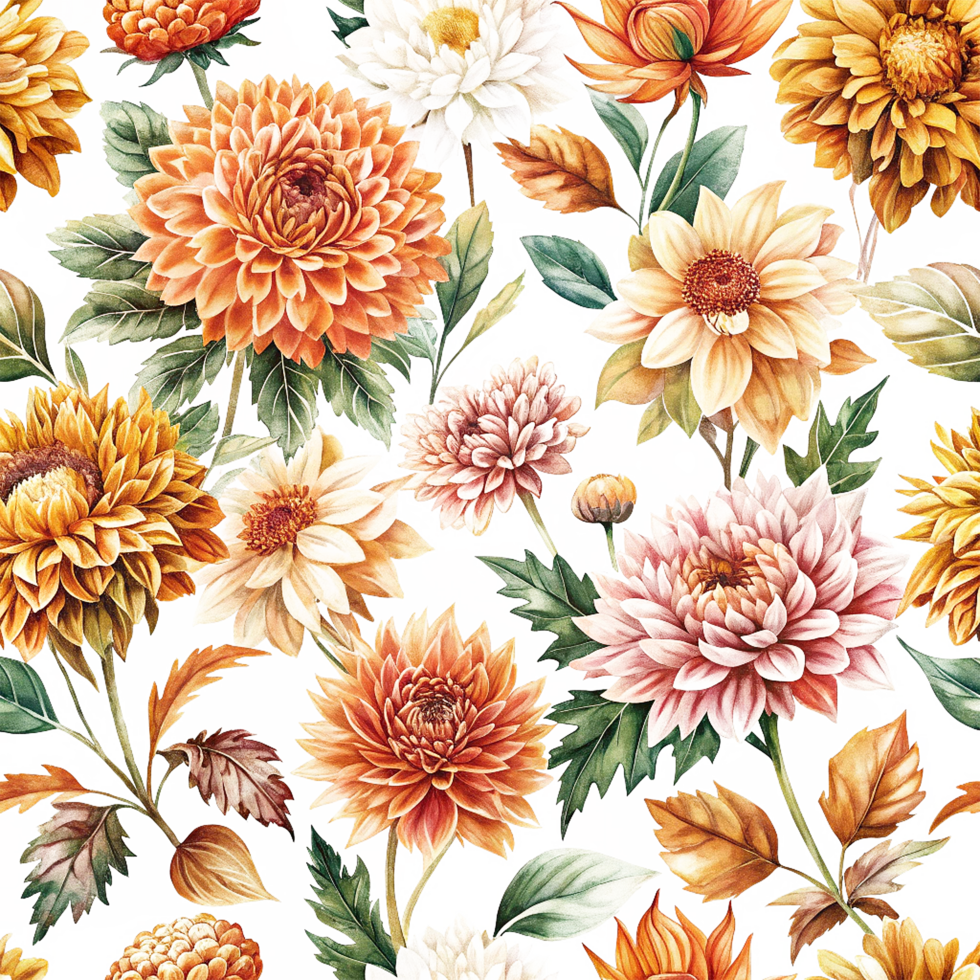 Autumnal Watercolor Floral Pattern with Dahlias Chrysanthemums and Sunflowers png