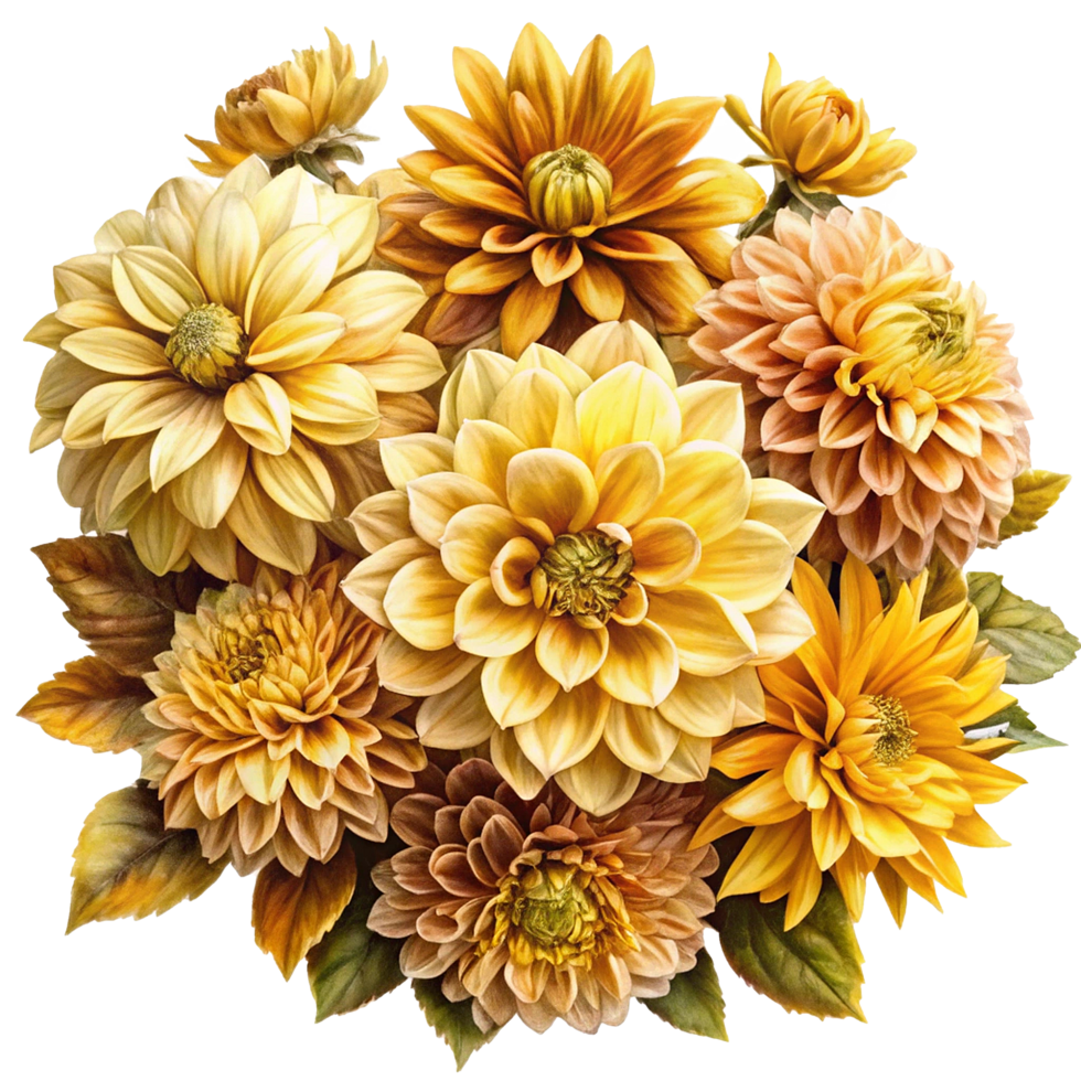 A Stunning Bouquet of Golden and Brown Dahlias in Full Bloom png