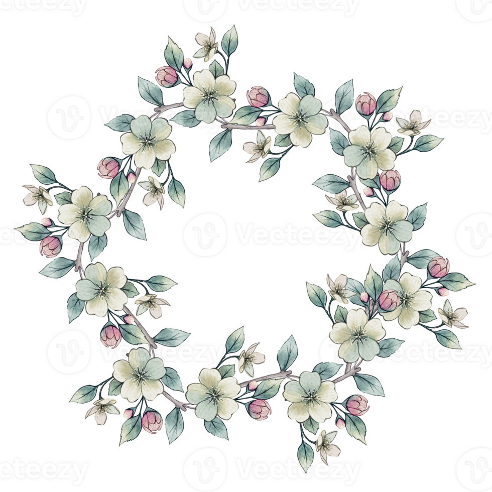 Delicate watercolor wreath of blooming spring branches. Suitable for card design, wedding invitations, packaging, and decorative elements. png