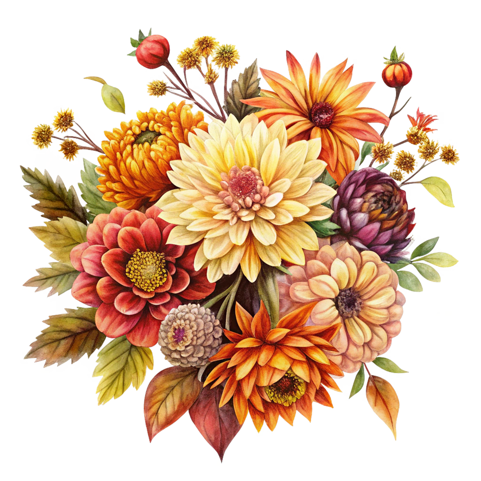 Autumnal Watercolor Bouquet of Dahlias Chrysanthemums and Other Flowers png