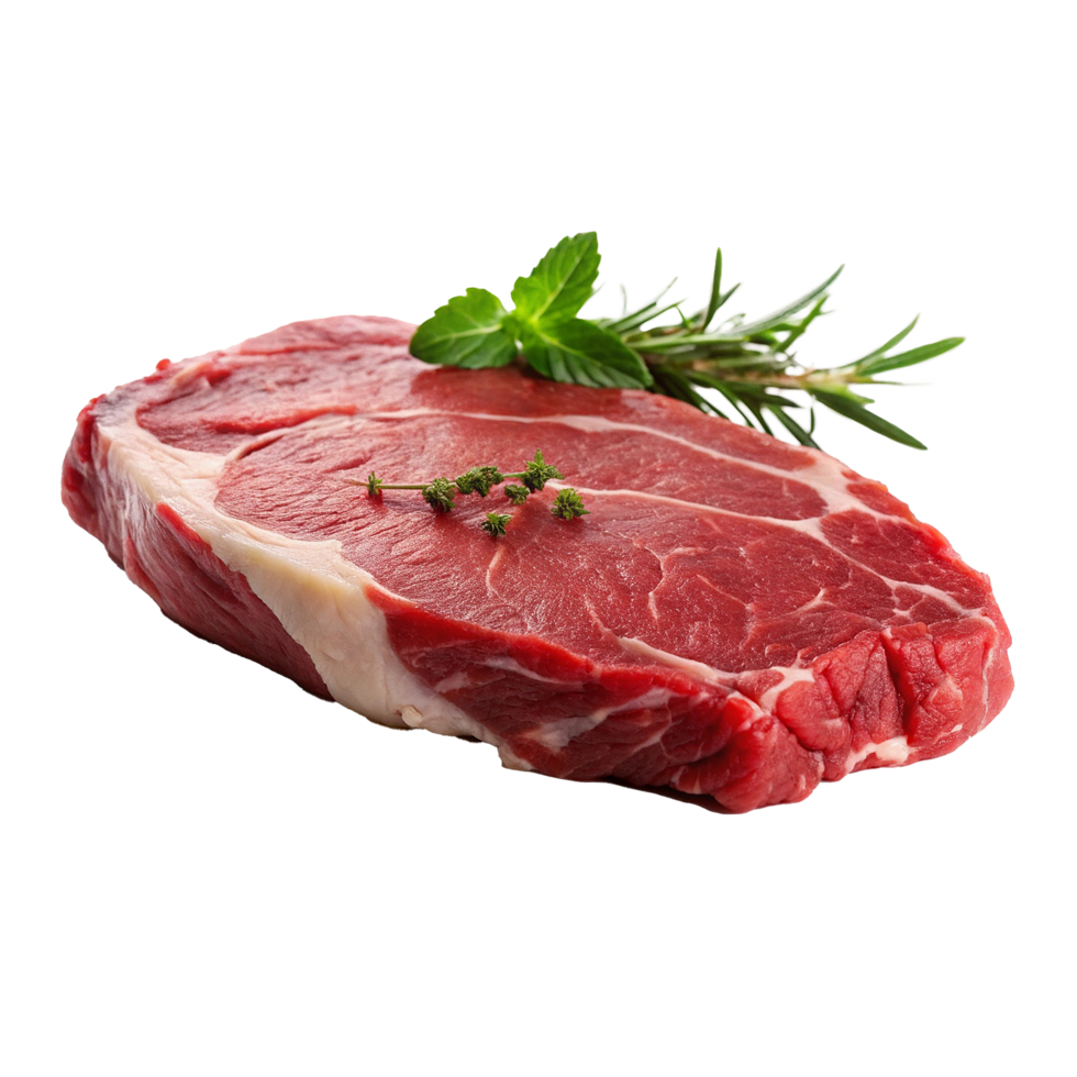 A Closeup of a Raw Beef Steak with Rosemary and Mint Garnish png