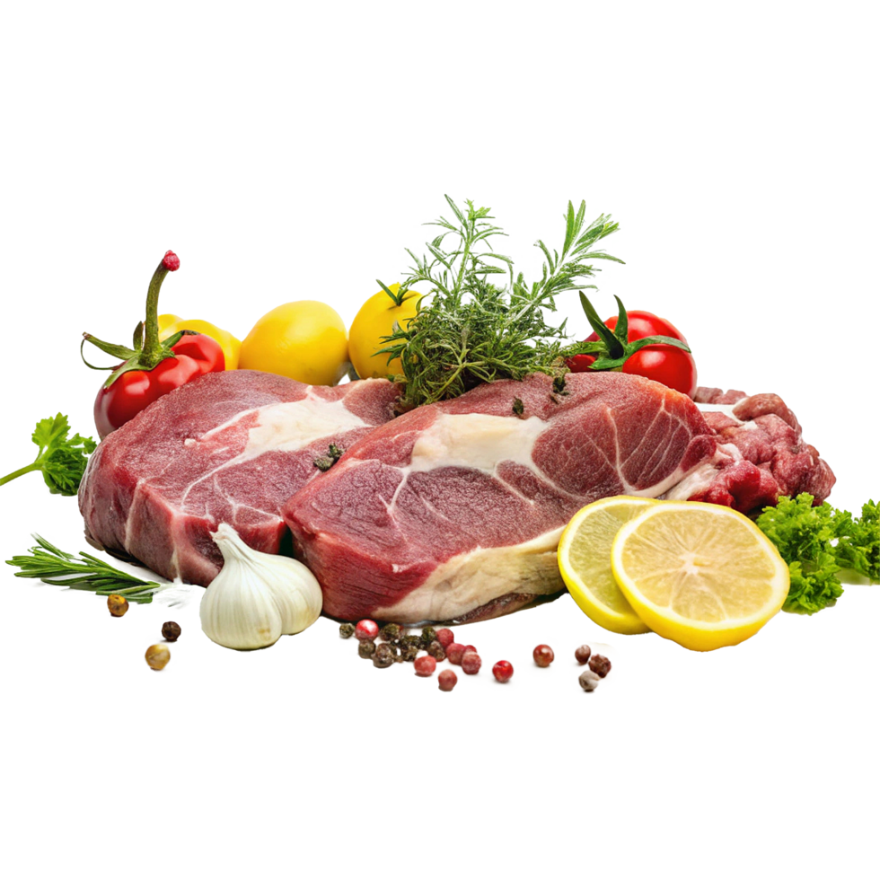Fresh Raw Meat Steaks with Herbs Vegetables and Spices Ready for Cooking png
